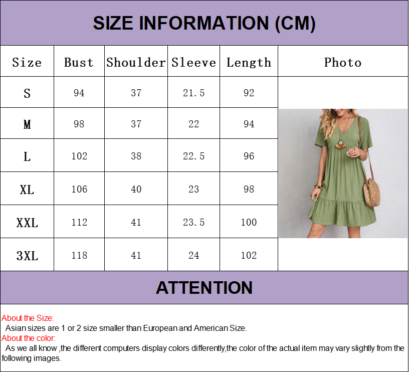 Women's Casual Bohemian V Neck Short Sleeve Ruffles Loose Dress