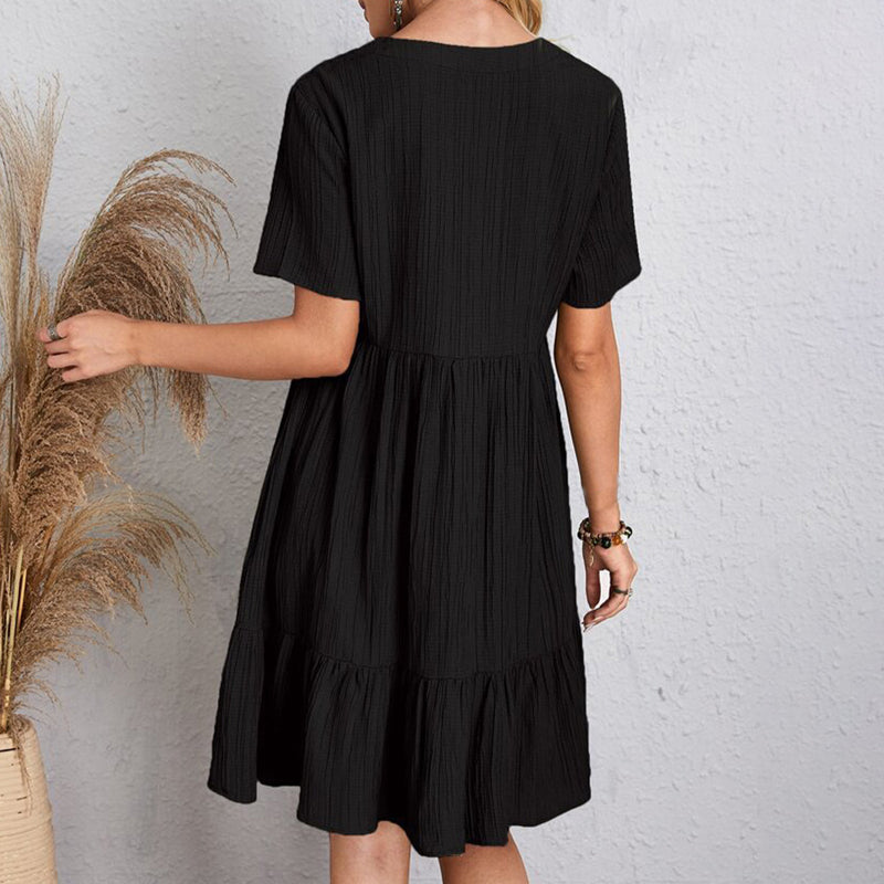 Women's Casual Bohemian V Neck Short Sleeve Ruffles Loose Dress