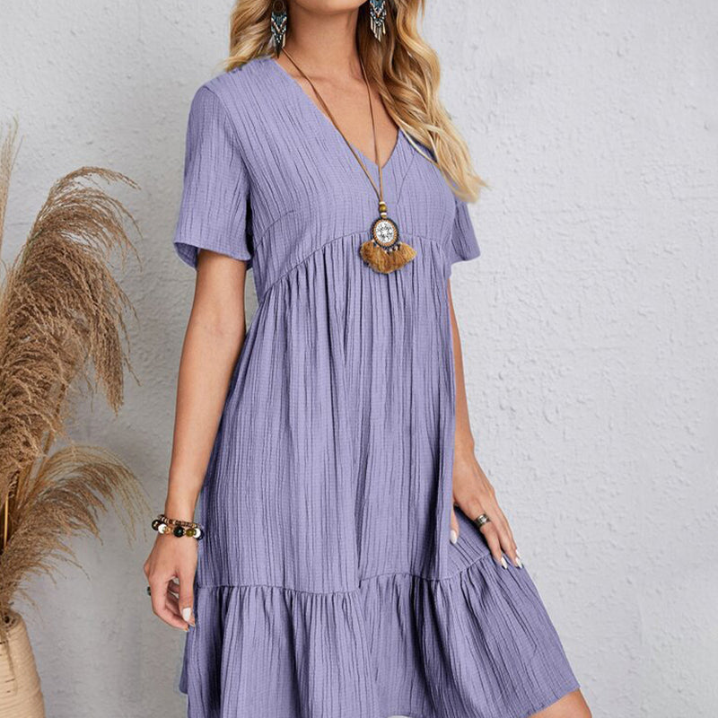 Women's Casual Bohemian V Neck Short Sleeve Ruffles Loose Dress