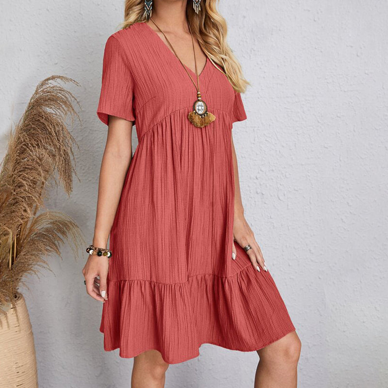 Women's Casual Bohemian V Neck Short Sleeve Ruffles Loose Dress