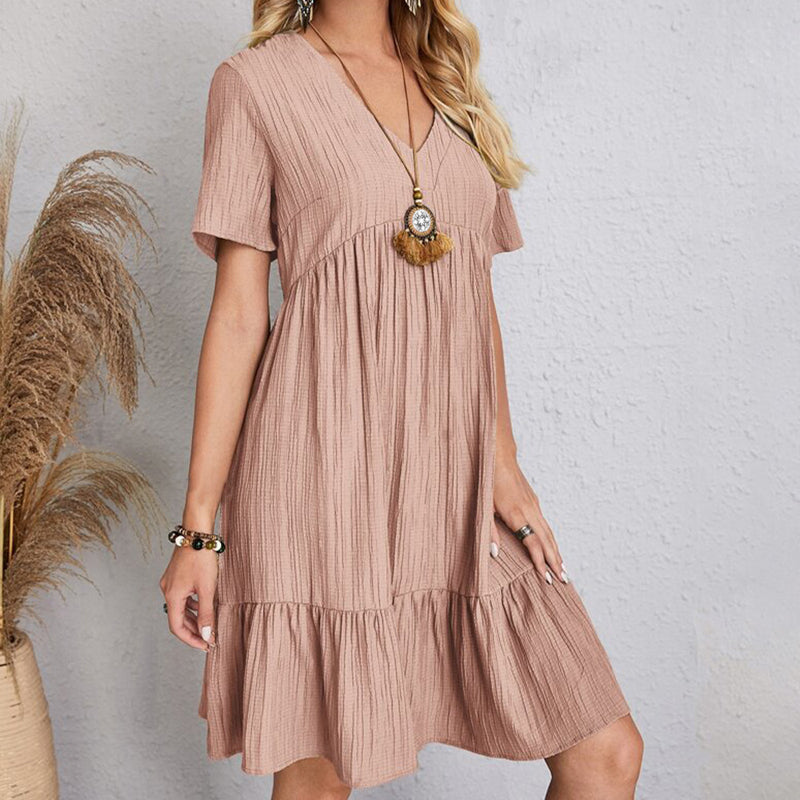 Women's Casual Bohemian V Neck Short Sleeve Ruffles Loose Dress