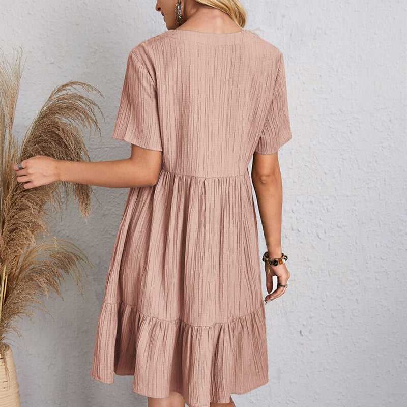 Women's Casual Bohemian V Neck Short Sleeve Ruffles Loose Dress