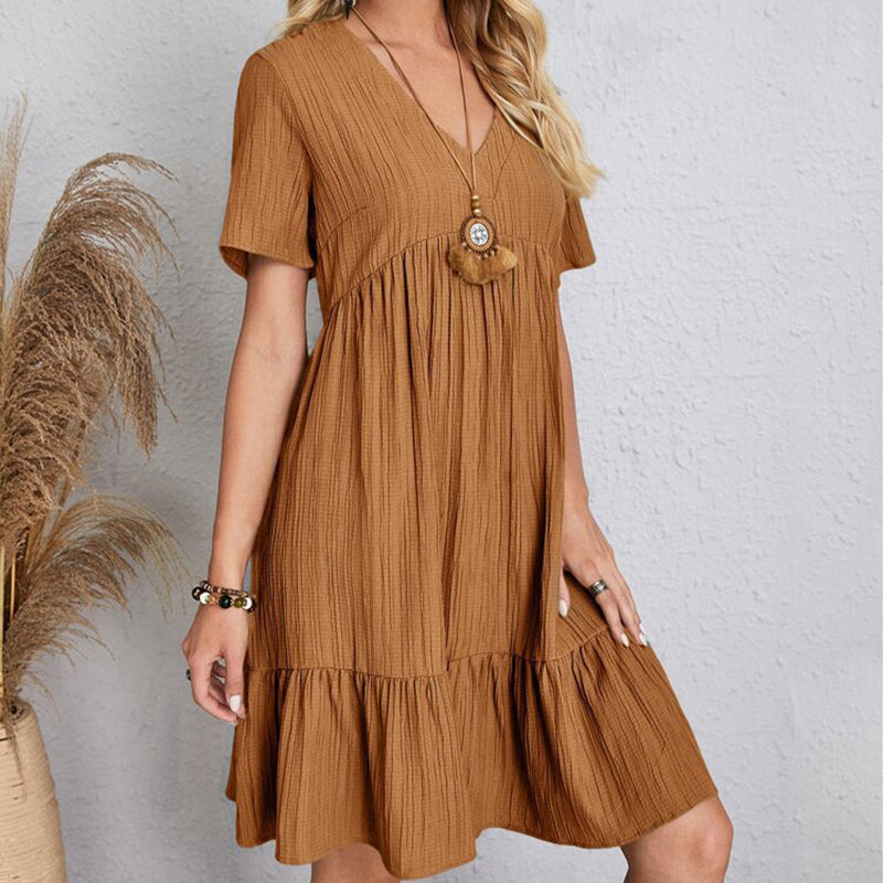 Women's Casual Bohemian V Neck Short Sleeve Ruffles Loose Dress