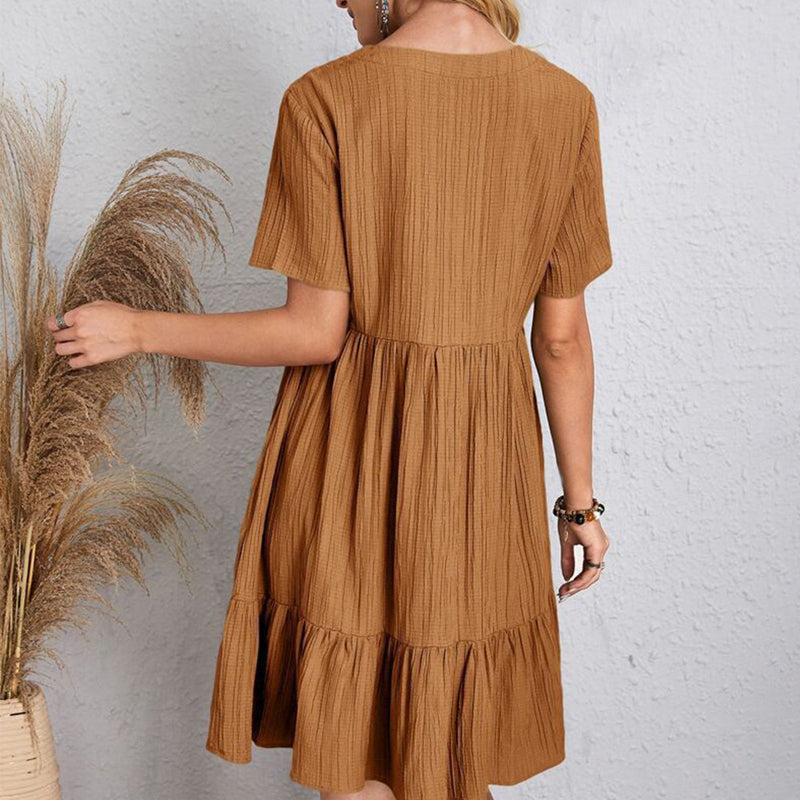 Women's Casual Bohemian V Neck Short Sleeve Ruffles Loose Dress