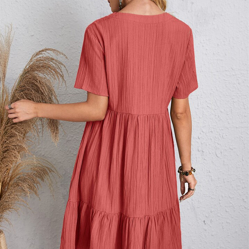 Women's Casual Bohemian V Neck Short Sleeve Ruffles Loose Dress