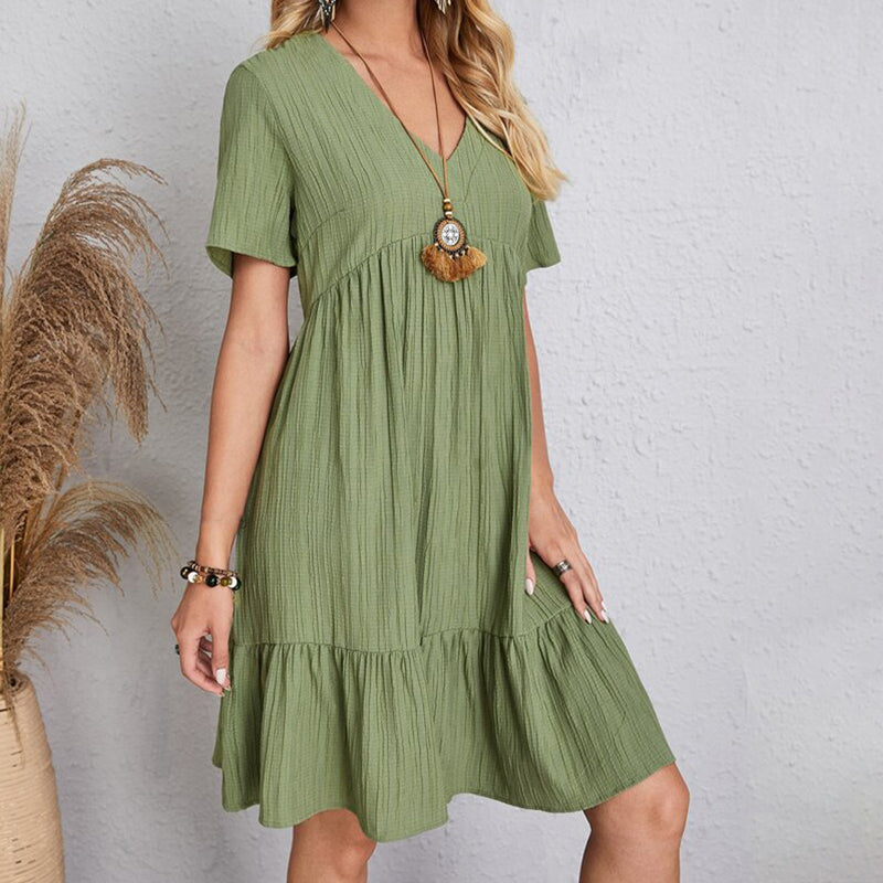 Women's Casual Bohemian V Neck Short Sleeve Ruffles Loose Dress