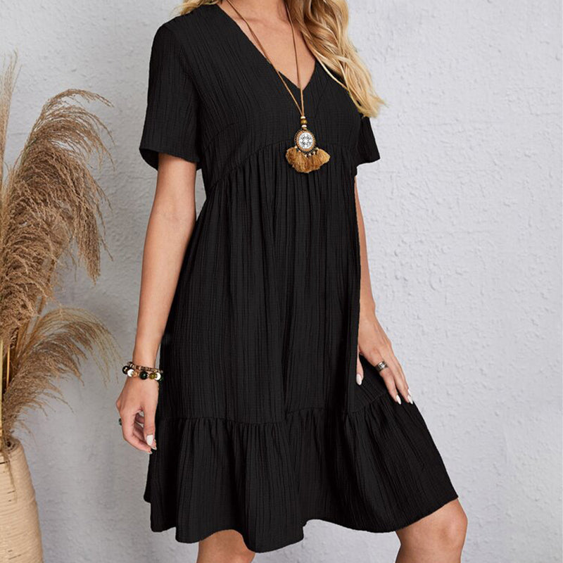 Women's Casual Bohemian V Neck Short Sleeve Ruffles Loose Dress