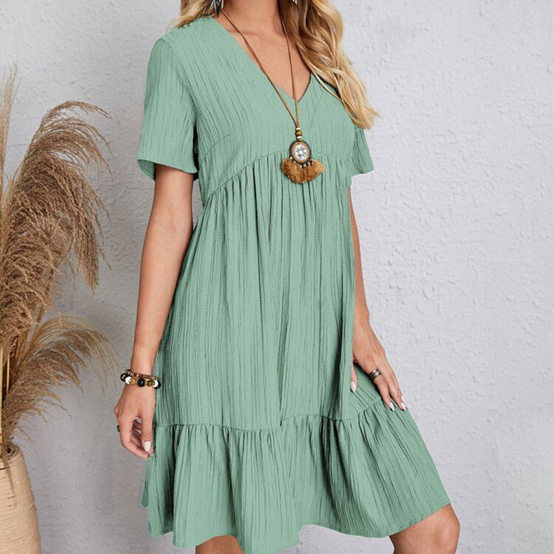 Women's Casual Bohemian V Neck Short Sleeve Ruffles Loose Dress