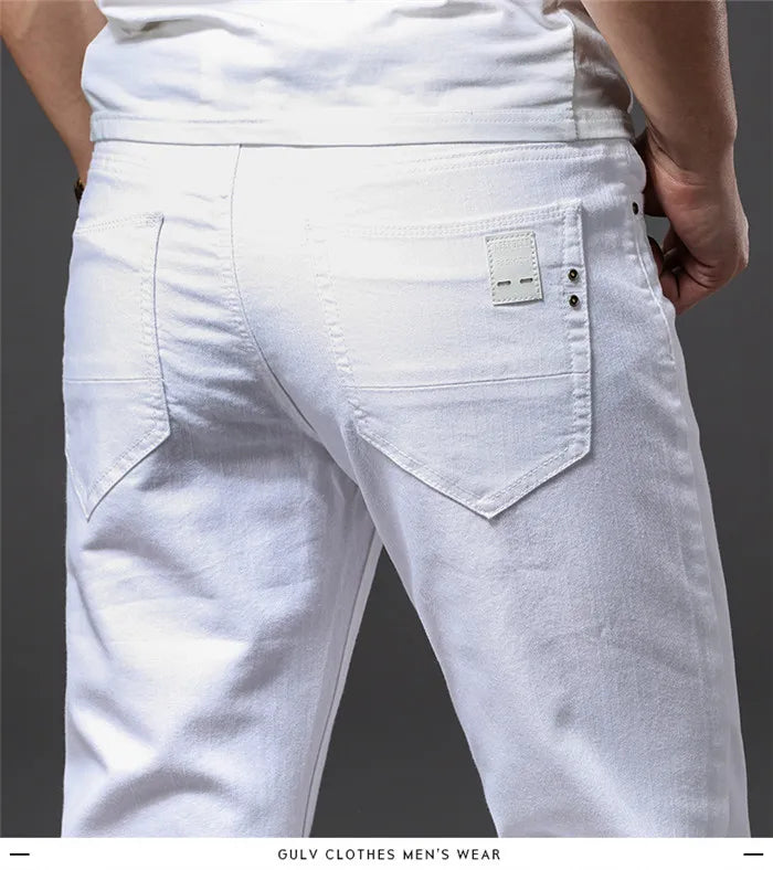 Men's White Jeans Classic Style Slim Fit Soft Trousers Stretch Pants