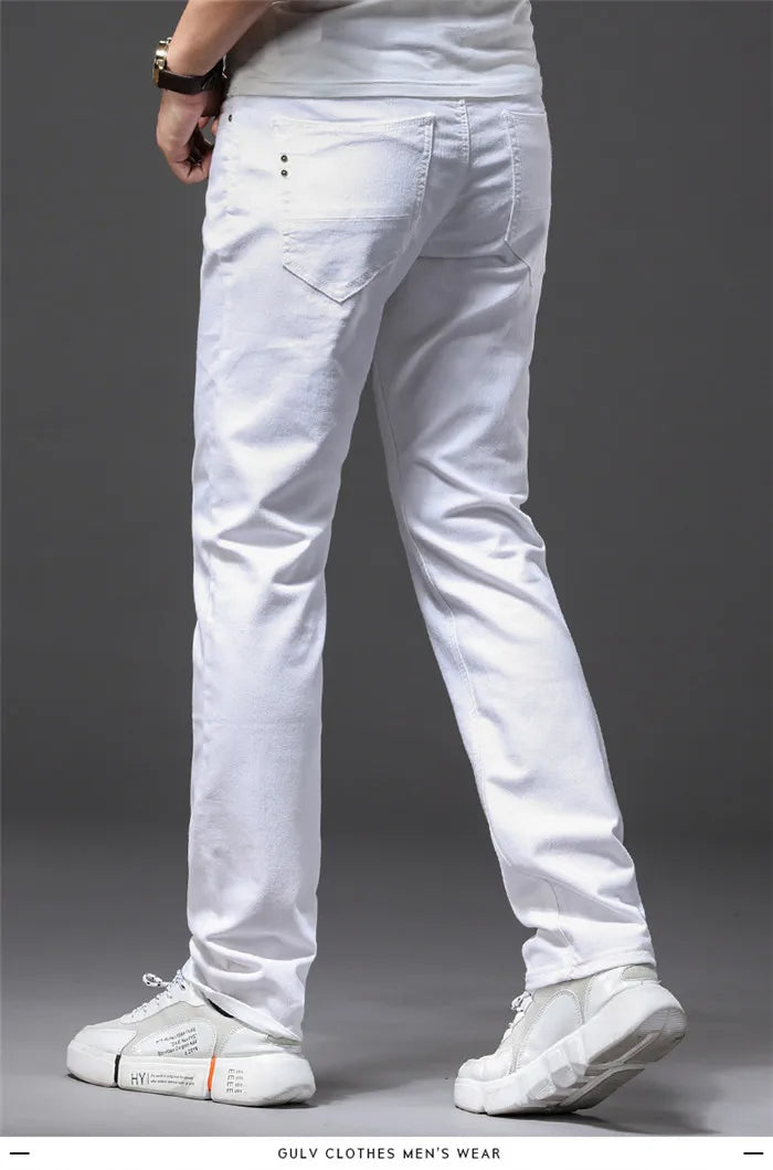 Men's White Jeans Classic Style Slim Fit Soft Trousers Stretch Pants