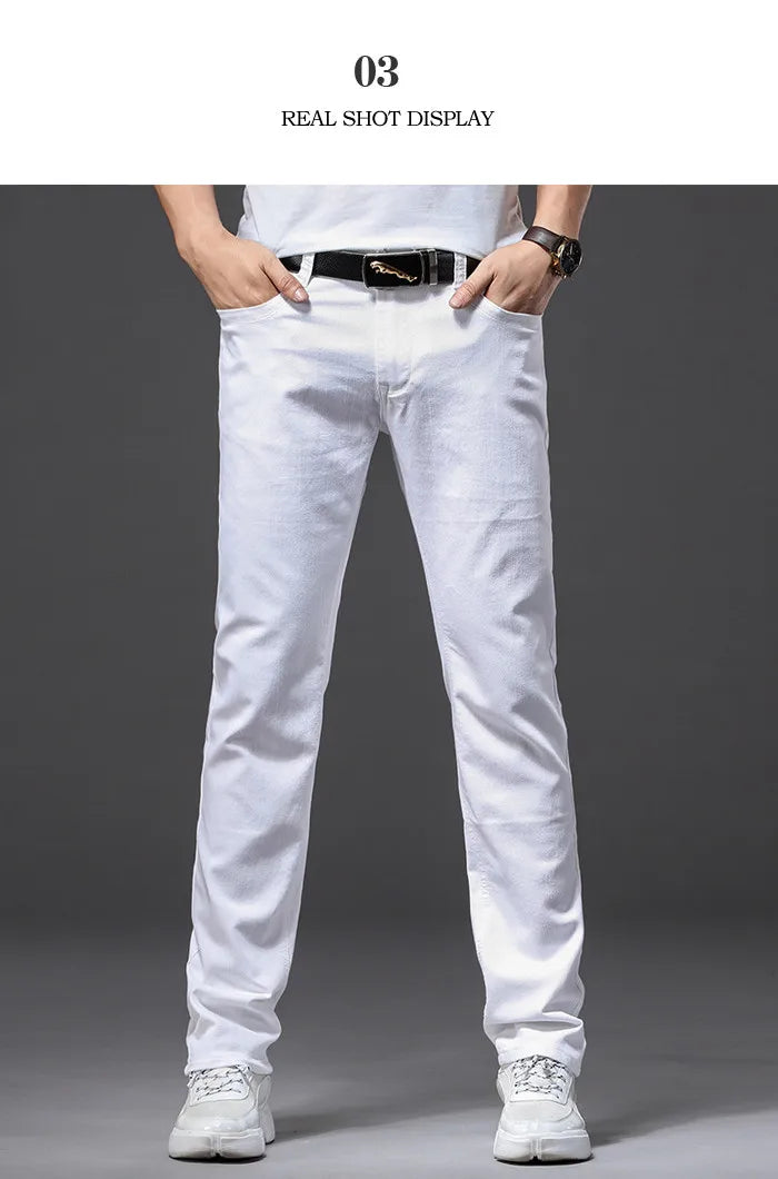 Men's White Jeans Classic Style Slim Fit Soft Trousers Stretch Pants