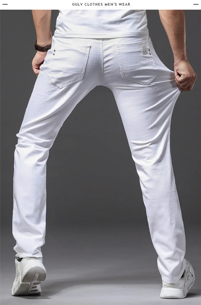 Men's White Jeans Classic Style Slim Fit Soft Trousers Stretch Pants