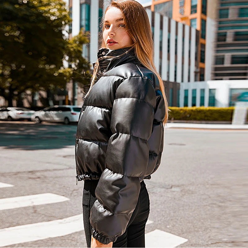 Winter Warm Thick PU Leather Coats Women Short Parkas