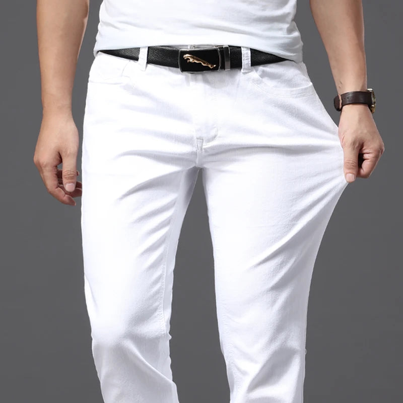 Men's White Jeans Classic Style Slim Fit Soft Trousers Stretch Pants