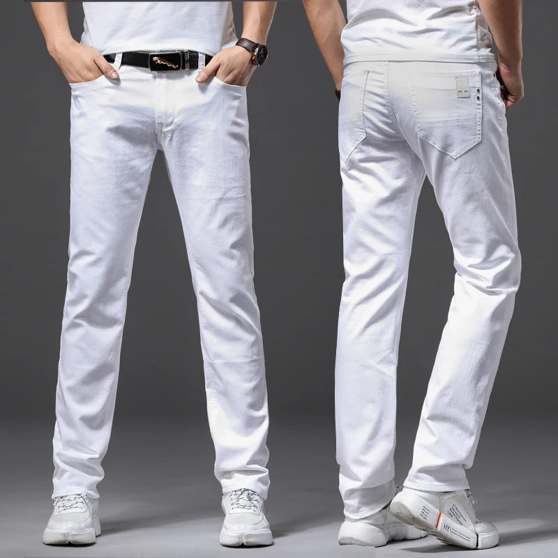 Men's White Jeans Classic Style Slim Fit Soft Trousers Stretch Pants