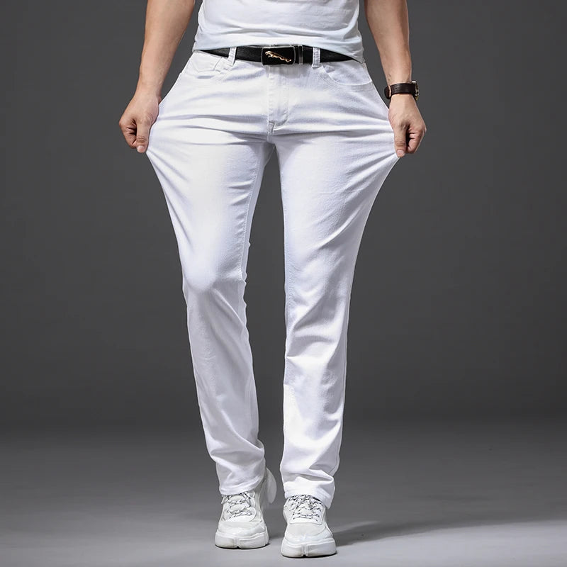 Men's White Jeans Classic Style Slim Fit Soft Trousers Stretch Pants