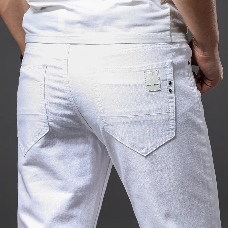 Men's White Jeans Classic Style Slim Fit Soft Trousers Stretch Pants