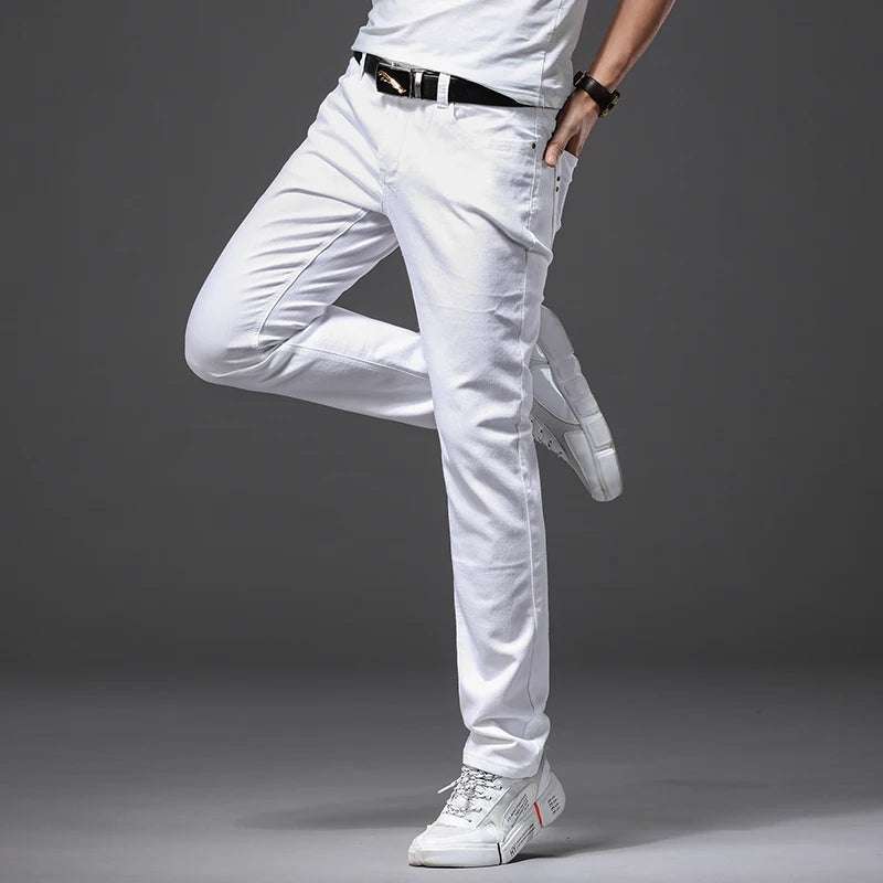 Men's White Jeans Classic Style Slim Fit Soft Trousers Stretch Pants