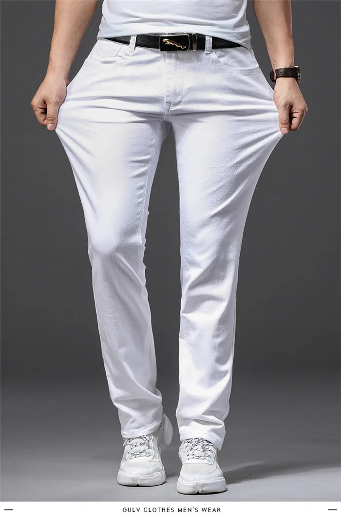 Men's White Jeans Classic Style Slim Fit Soft Trousers Stretch Pants