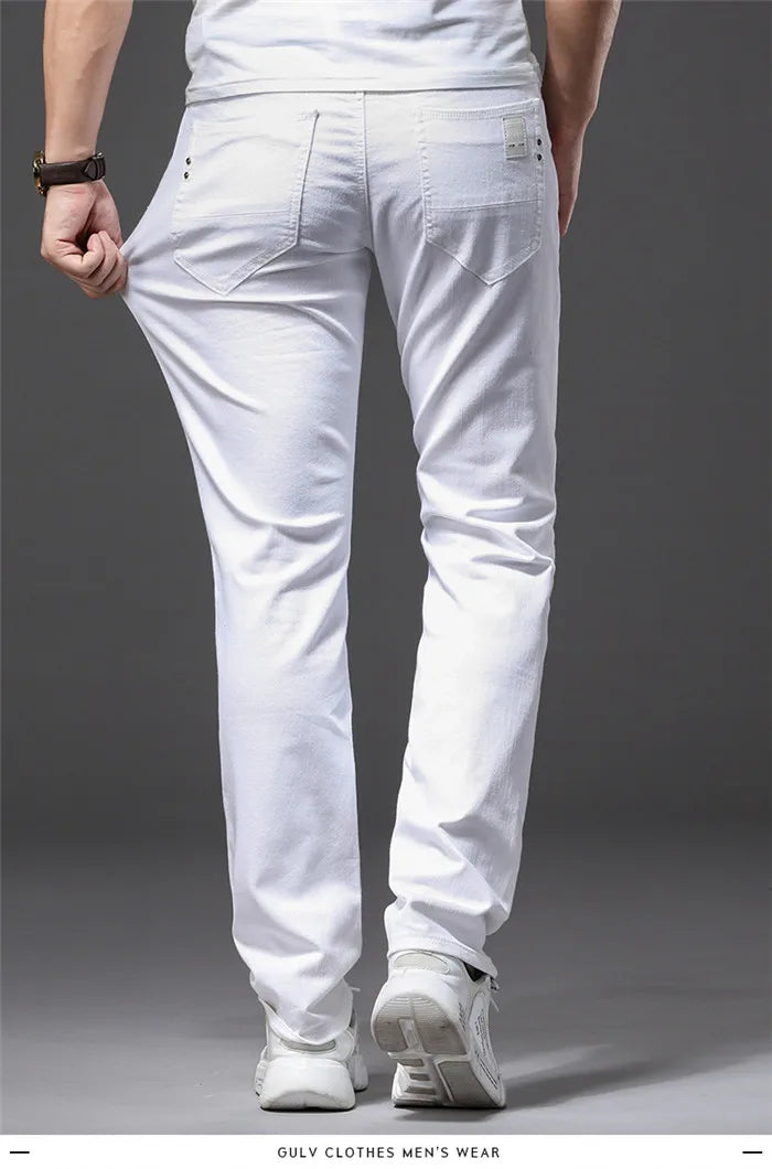 Men's White Jeans Classic Style Slim Fit Soft Trousers Stretch Pants