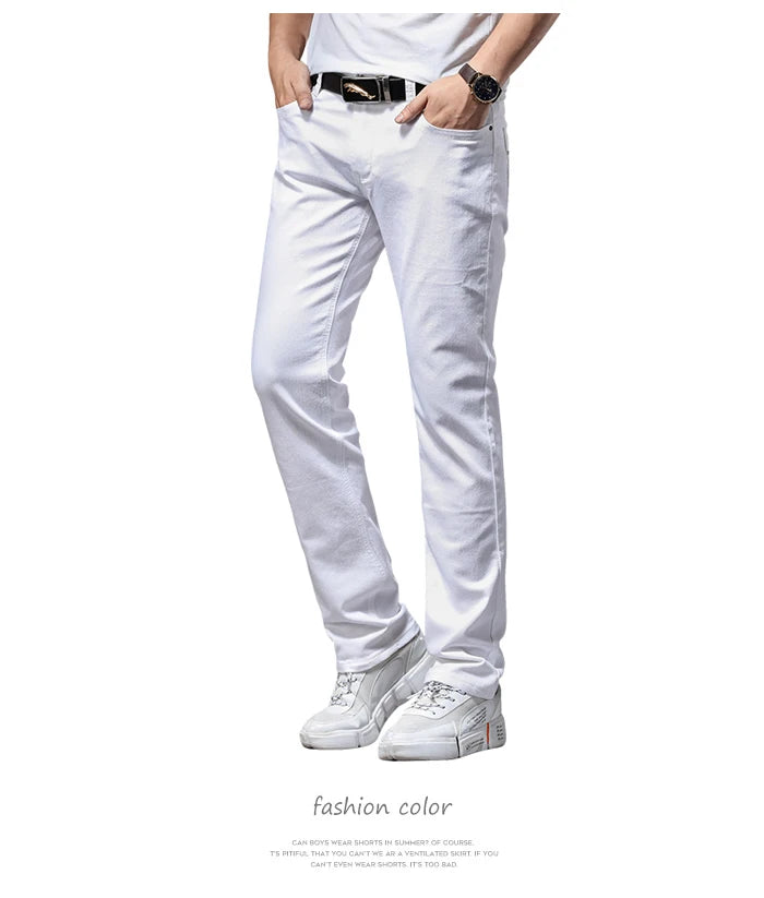 Men's White Jeans Classic Style Slim Fit Soft Trousers Stretch Pants