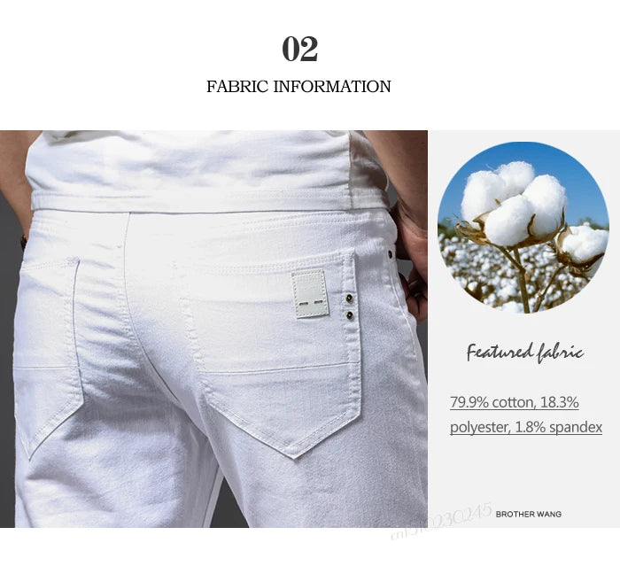 Men's White Jeans Classic Style Slim Fit Soft Trousers Stretch Pants