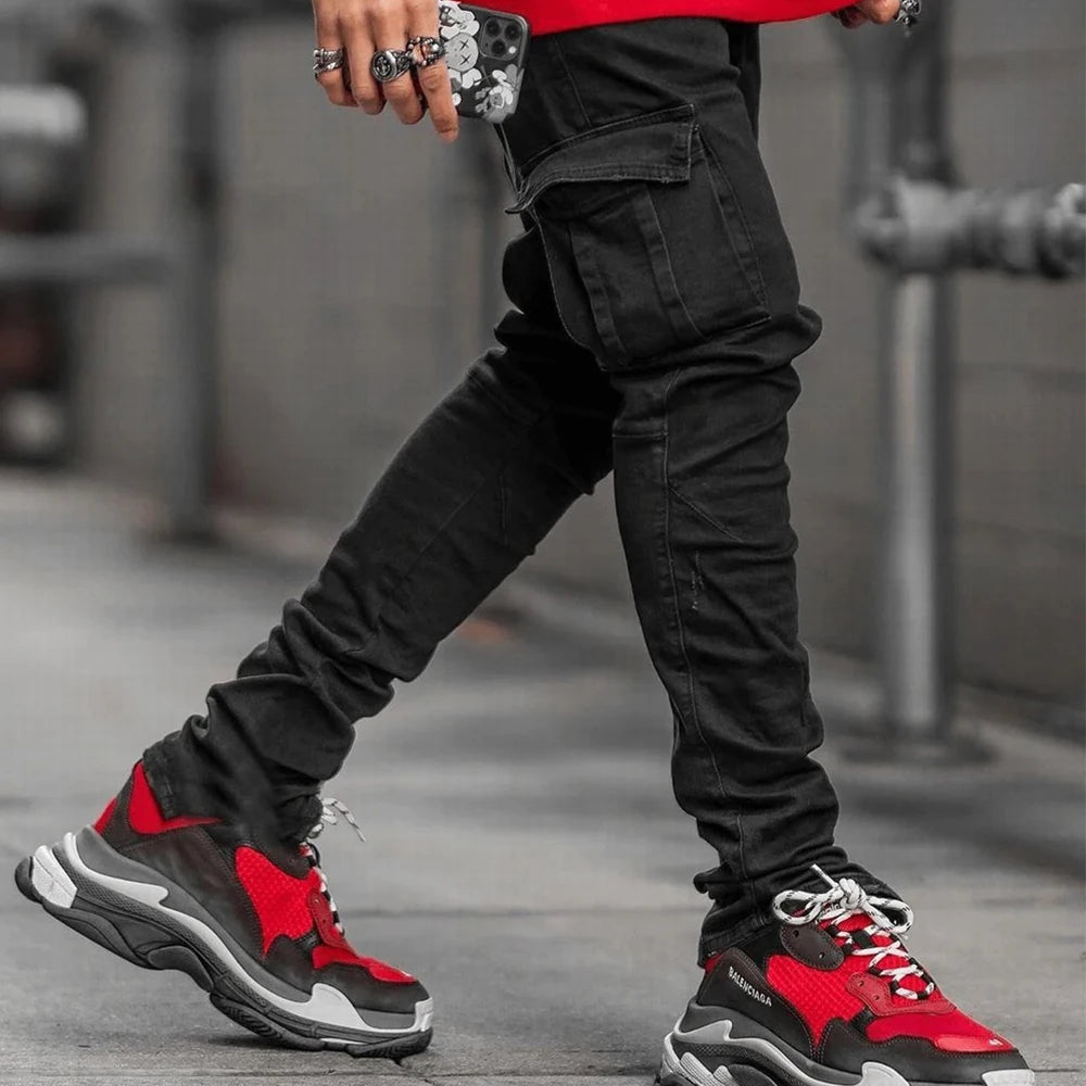 Street Elastic Jeans Men Denim Cargo Pants. Casual Mid Waist Trousers Slim Fit