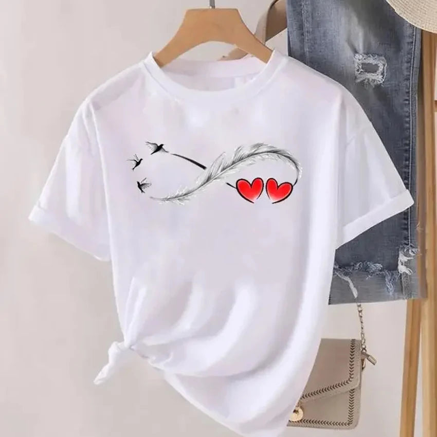 Love Heart Feather Lady Casual Tee