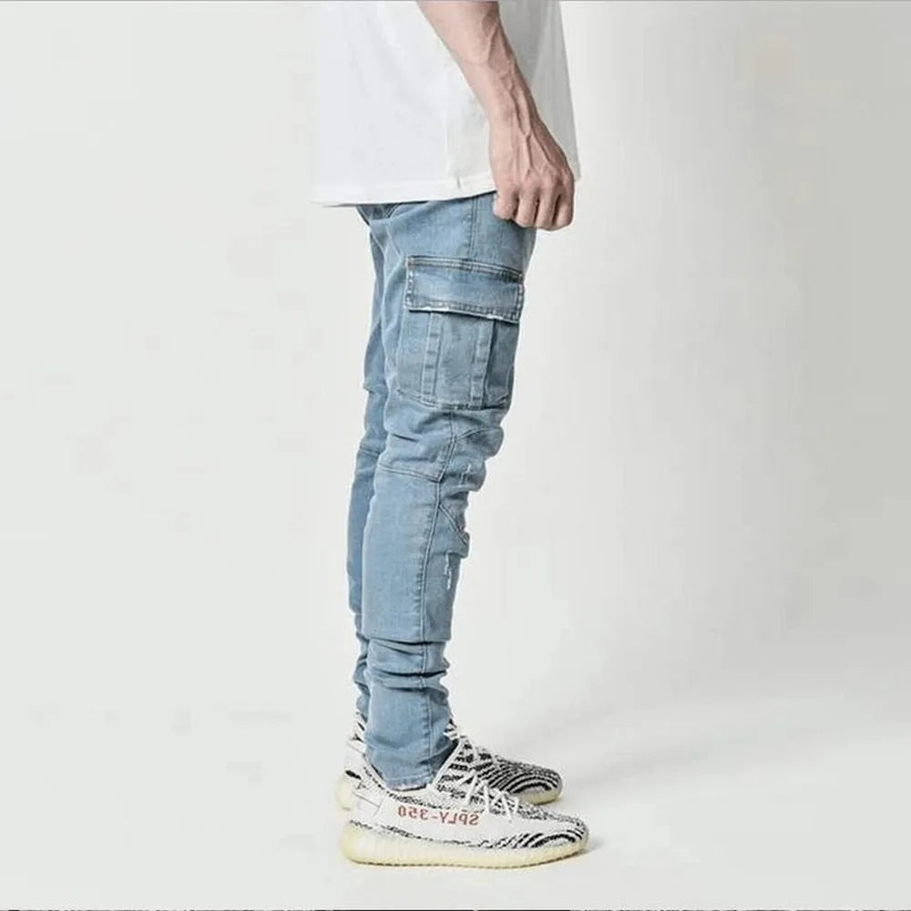 Street Elastic Jeans Men Denim Cargo Pants. Casual Mid Waist Trousers Slim Fit