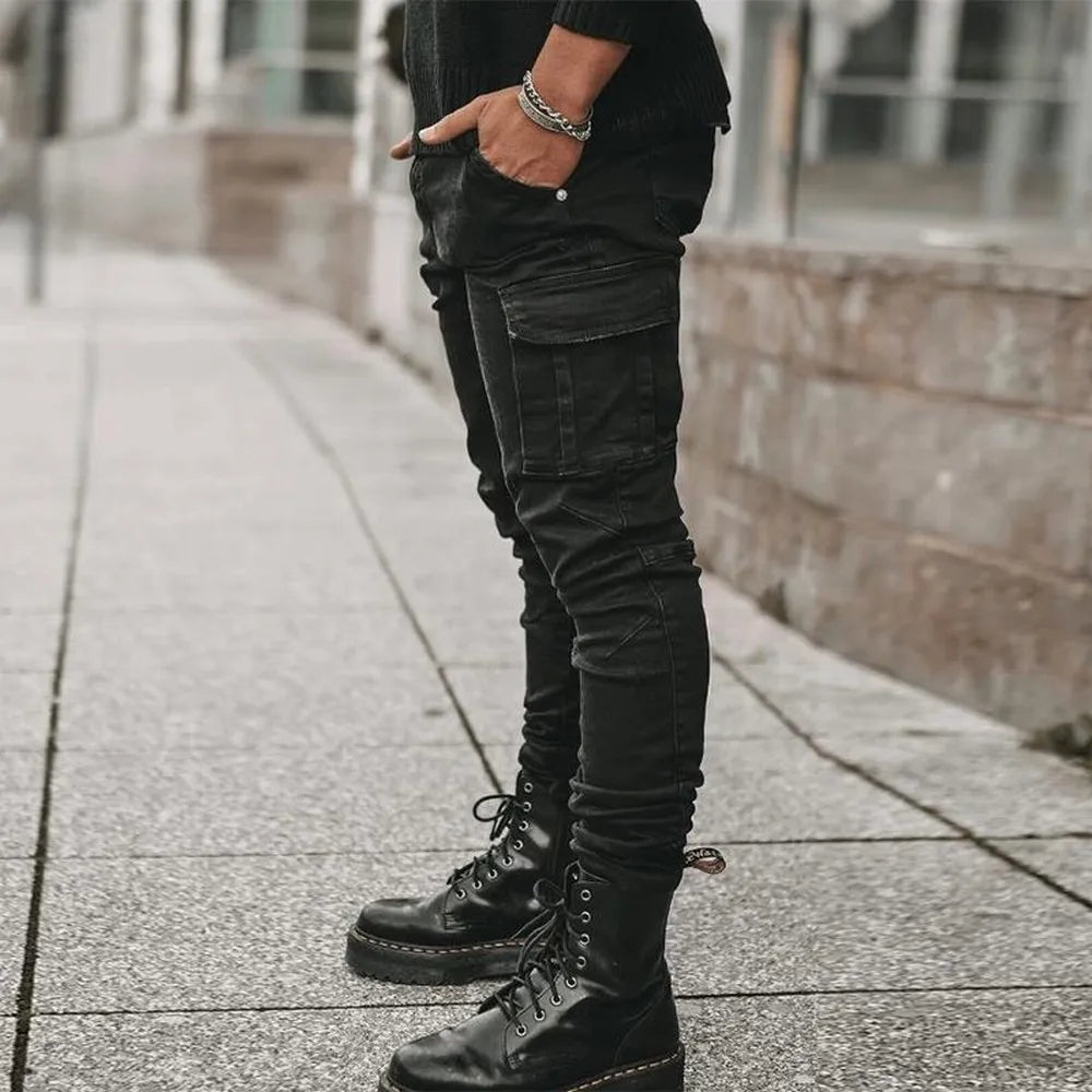 Street Elastic Jeans Men Denim Cargo Pants. Casual Mid Waist Trousers Slim Fit