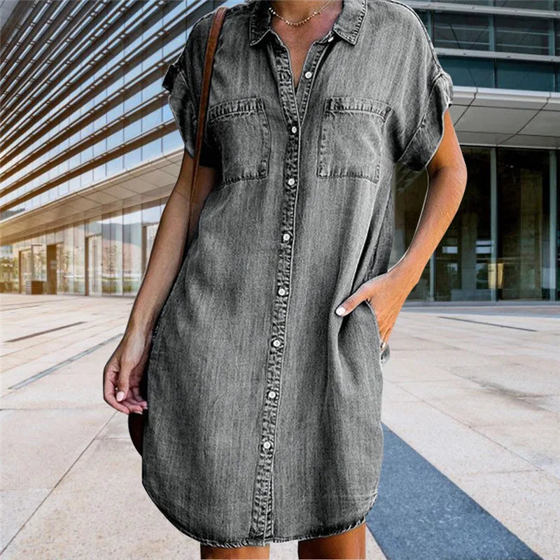 Women's Denim Shirt Dresses Short Sleeve