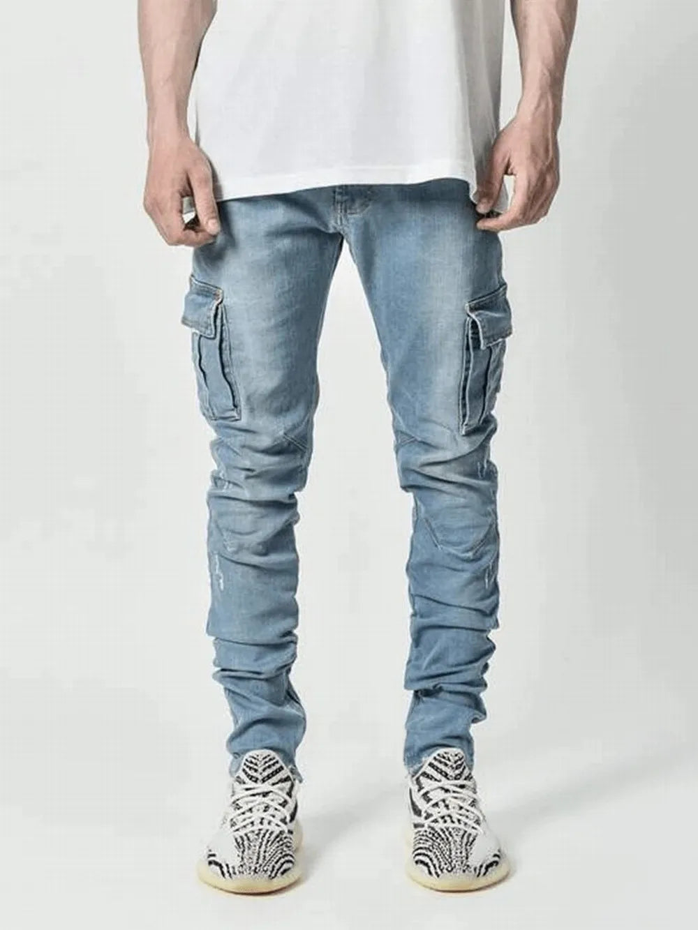 Street Elastic Jeans Men Denim Cargo Pants. Casual Mid Waist Trousers Slim Fit