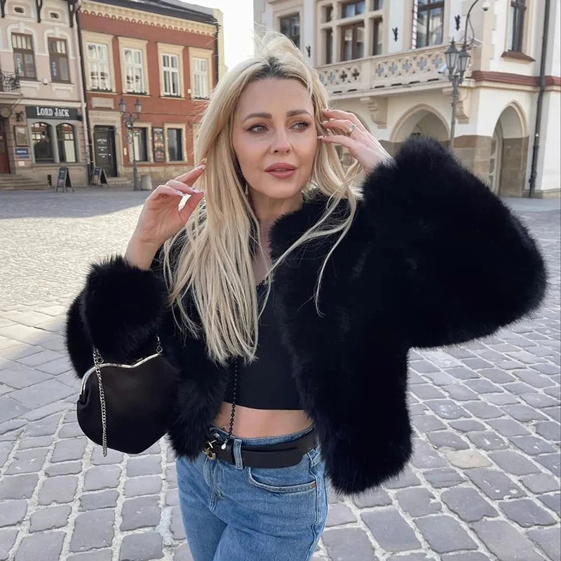 Iconic Street Fashion  Cropped Faux Fur Coat Women Winter Fluffy Short Fur Jacket