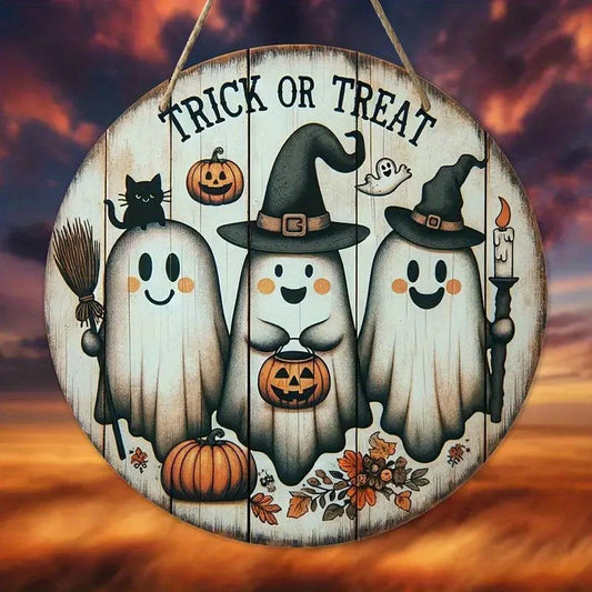 1pc, 2D Wooden Halloween Three Cute Ghost Round Hanging Sign Wall or Door Decor Wall Art