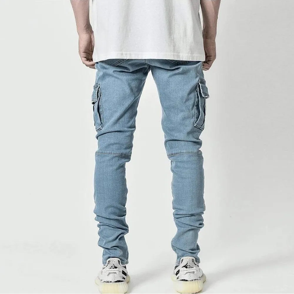 Street Elastic Jeans Men Denim Cargo Pants. Casual Mid Waist Trousers Slim Fit