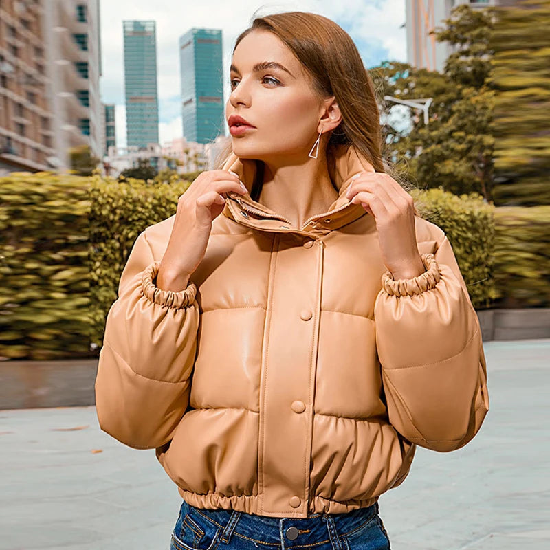 Winter Warm Thick PU Leather Coats Women Short Parkas