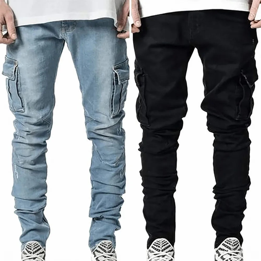 Street Elastic Jeans Men Denim Cargo Pants. Casual Mid Waist Trousers Slim Fit