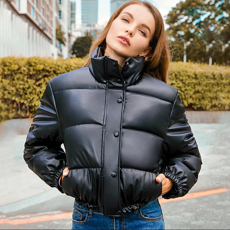 Winter Warm Thick PU Leather Coats Women Short Parkas