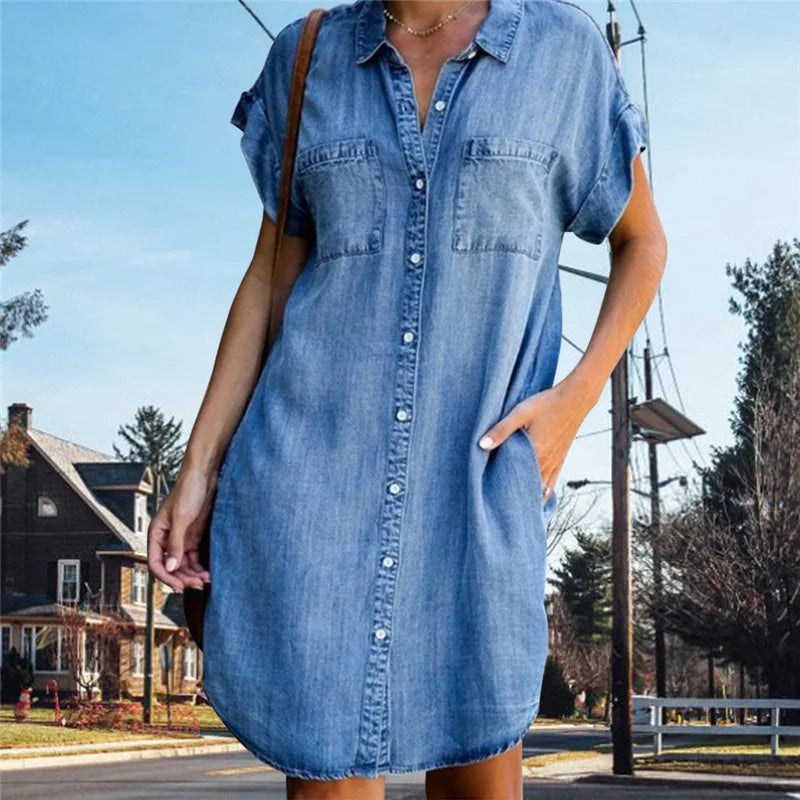 Women's Denim Shirt Dresses Short Sleeve