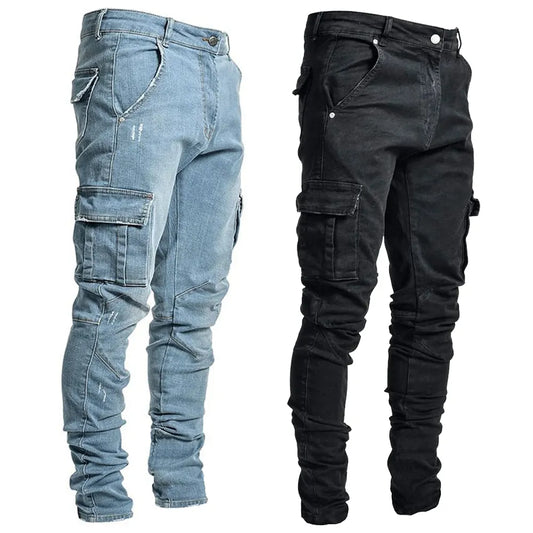 Street Elastic Jeans Men Denim Cargo Pants. Casual Mid Waist Trousers Slim Fit