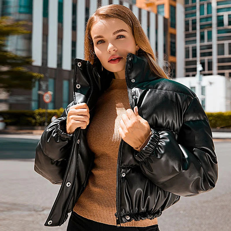 Winter Warm Thick PU Leather Coats Women Short Parkas